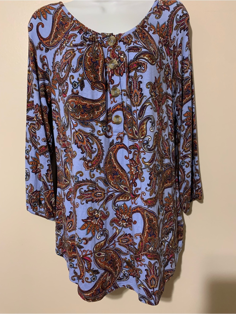 Light Blue Paisley Button-Front Women's Blouse